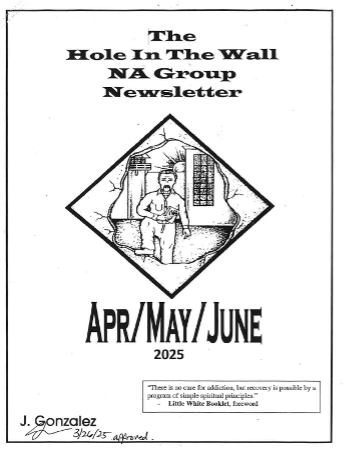 cover of hole in the wall na group newsletter depicting a cartoon man inside a hole in a wall
