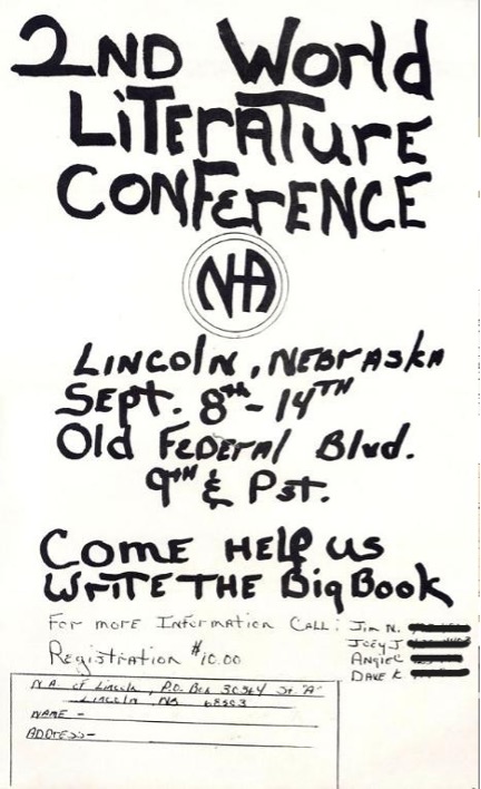 2nd World Literature Conference Flyer 

Lincoln Nebraska Sept 8th - 14th Old Fedral Blvd. 9th & PST Come help us write the big book.